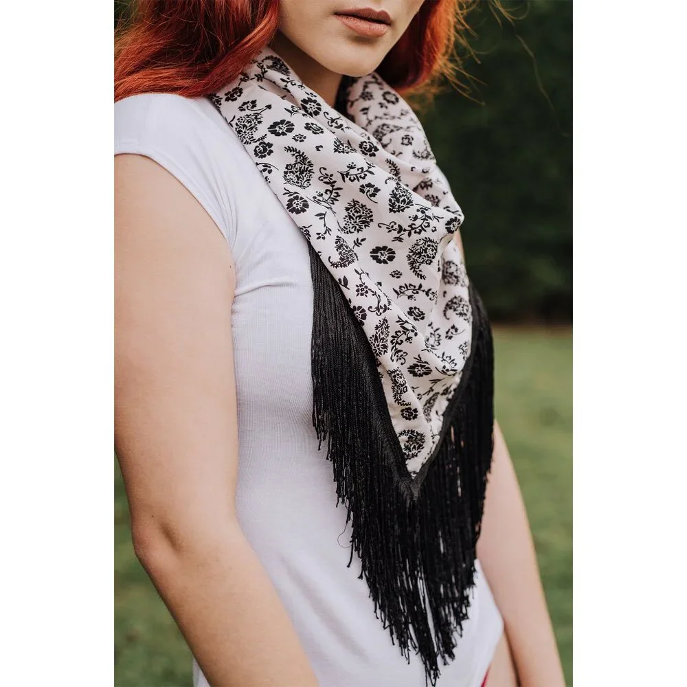 Boho Printed Scarf with Fringes – Black & White